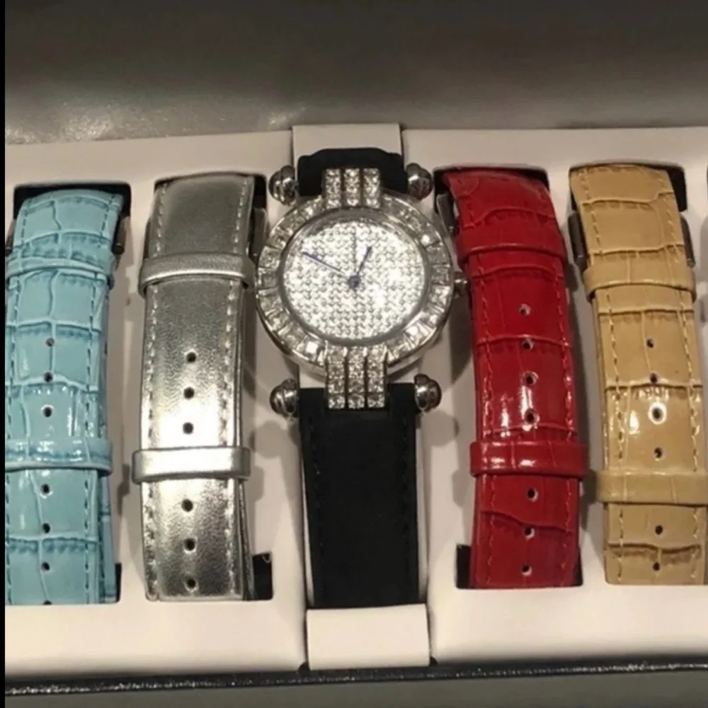 REAL COLLECTIBLES BY ADRIENNE WATCH SET CRYSTAL BEZEL & 7 COLORFUL BANDS - NIB
